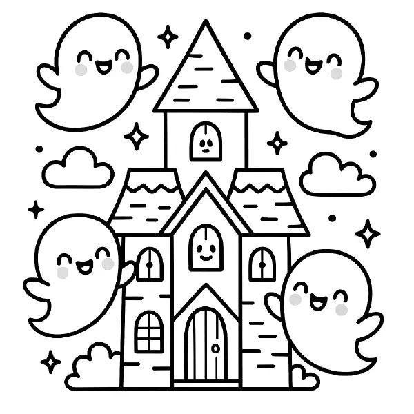 👻 Haunted House & Giggling Ghosts Coloring Page — A sweet, not‑so‑spooky mansion with big‑eyed, smiling ghosts floating around, chubby cheeks and friendly expressions. Drawn with bold black outlines and simple shapes, featuring a tall tower, arched door, happy windows, puffy clouds and sparkly stars—easy to print and color, perfect for Halloween crafts, classroom fun, or cozy fall afternoons! 🎃
