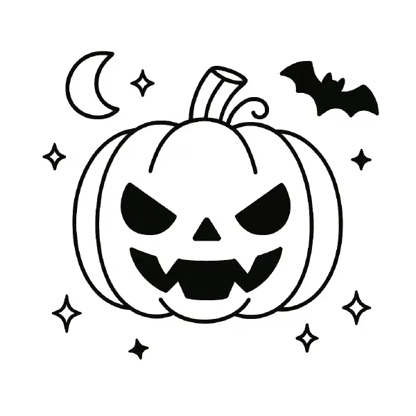 🎃 Jack‑o’-Lantern Coloring Page — A cute, kawaii pumpkin with a friendly, mischievous grin, a curly stem, and fun details like a crescent moon, twinkling stars, and a tiny bat. Drawn with bold black outlines and simple shapes, this page is easy to print and color—perfect for Halloween crafts, party favors, and classroom fun! 🌙