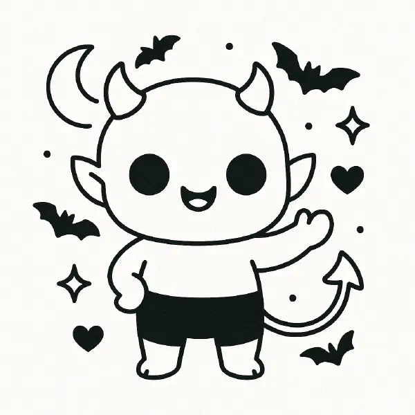 🎃 Little Devil Kid Coloring Page — A sweet, smiling mini‑devil with big kawaii eyes, tiny horns, a pointy tail, and a cute trident, plus a moon, sparkles, and a friendly bat. Drawn with bold black outlines and simple shapes, this page is easy to print and colour—perfect for Halloween crafts, classroom fun, or party activities! 🦇