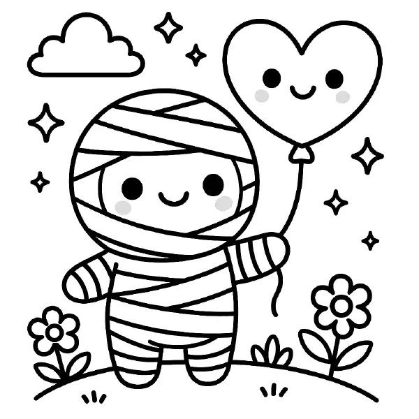 🎈 Mini Mummy Coloring Page — A sweet, bandage-wrapped mini mummy with big kawaii eyes and a friendly smile holds a heart-shaped balloon with a cute face, surrounded by simple flowers, clouds, and twinkly stars. Drawn with bold black outlines and simple shapes, this easy-to-print page is perfect for Halloween crafts, classroom activities, or cozy coloring time. 🎃
