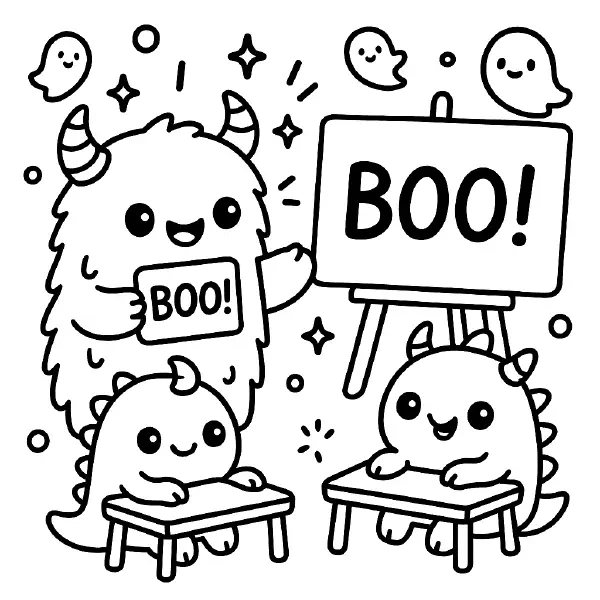 👻 Cute Monster Classroom Coloring Page — A fluffy, horned teacher monster holds a “BOO!” sign while two baby monsters with big, shiny eyes smile at their desks, and an easel proudly says BOO with friendly little ghosts floating nearby. Drawn with bold black outlines and simple shapes, it’s easy to print and color—perfect for Halloween crafts and classroom fun! ✨