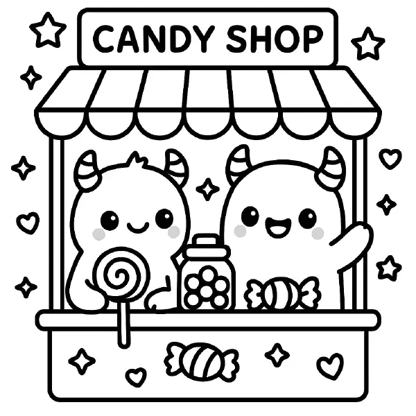 🍬 Tiny Monster Candy Shop Coloring Page — Two adorable little monsters with big, smiling eyes run a cheerful candy stand, holding a swirly lollipop and a jar of gumballs with cute wrapped sweets all around. Drawn with bold black outlines and simple shapes for easy coloring, featuring chubby cheeks, tiny horns, and sweet star-and-heart decorations. Perfect for sweet-themed crafts, classroom activities, or rainy-day fun, and easy to print and color at home! 🍭