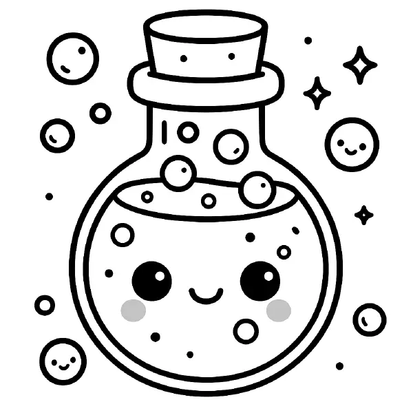 Potion Bottle Coloring Page, — A magical round bottle with a cute smiling face and big twinkly eyes, surrounded by happy bubbles and sparkles, all drawn with bold black outlines and simple shapes. Features a snug cork stopper and bubbly friends—easy to print and color, perfect for magic‑themed crafts, classroom activities, or Halloween fun! 🧪✨
