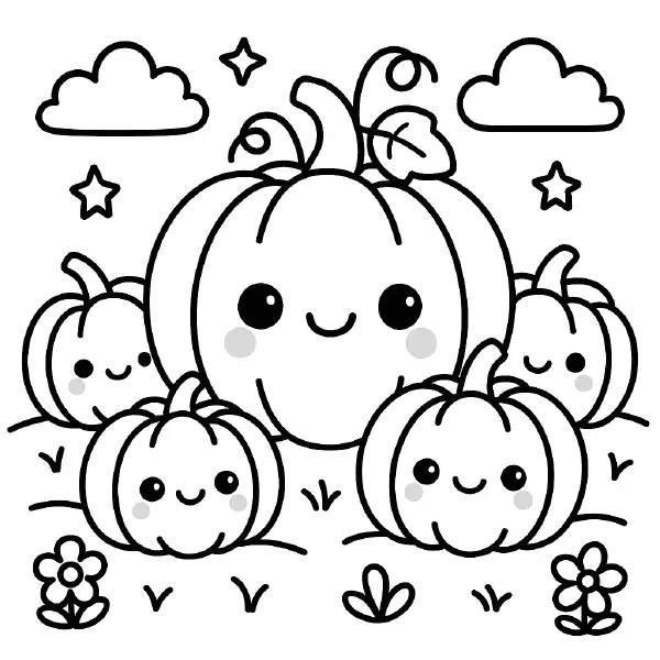 🎃 Pumpkin Patch Coloring Page — A family of kawaii pumpkins with big eyes, rosy cheeks, and friendly smiles sit together in a cozy patch with curly vines, puffy clouds, twinkly stars, and tiny flowers. Drawn with bold black outlines and simple shapes, this page is easy to print and color—perfect for fall crafts, classroom activities, or Halloween fun! 🌟