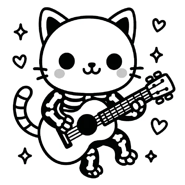 🐱 Skeleton Cat with Guitar Coloring Page — A chubby, kawaii kitty skeleton with big smiling eyes strums a cute guitar, surrounded by hearts and sparkles; bold black outlines and simple shapes make it extra friendly to color. Easy to print and perfect for Halloween fun or music-themed classroom crafts. 🎸