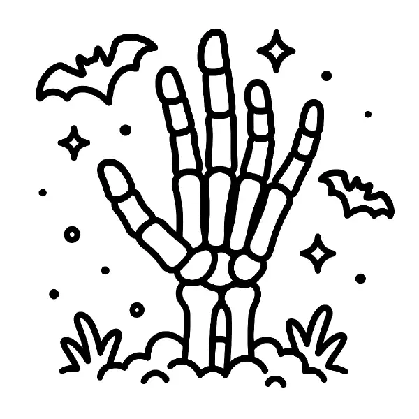 🦇 Skeleton Hand Coloring Page — a spooky‑cute, waving bone hand popping from soft ground with friendly little bats and twinkly stars, all in kawaii style with rounded shapes and gentle expressions. Drawn with bold black outlines and simple shapes, this page is easy to print and color—perfect for Halloween crafts, party favors, or classroom fun! 🎃