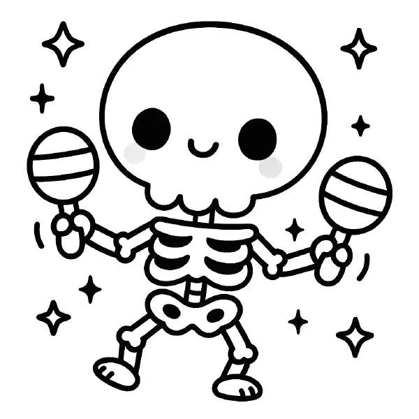 🎵 Cute Skeleton Coloring Page — a happy, big‑eyed skeleton shakes two striped maracas with a sweet smile and rosy cheeks, surrounded by twinkly stars. Drawn with bold black outlines and simple shapes, this kawaii page is easy to print and colour—perfect for Halloween crafts, music‑time fun, or classroom activities! ✨