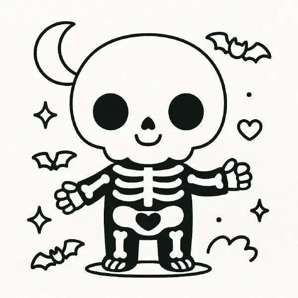 🦇 Cute Skeleton Coloring Page — A cheerful, kawaii skeleton with big round eyes and a sweet smile waves hello, surrounded by friendly bats, sparkles, and a crescent moon, plus a cute heart on its tummy. Drawn with bold black outlines and simple shapes, this page is easy to print and color—perfect for Halloween crafts, classroom activities, or spooky‑cute fun at home! 🌙