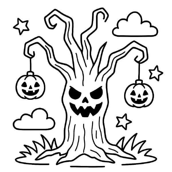 🎃 Halloween Tree Coloring Page — A spooky-cute tree with twisty branches and a cheeky grin holds two smiling jack-o’-lanterns, surrounded by puffy clouds and twinkly stars, all in bold black outlines and simple shapes for extra kawaii fun. Easy to print and colour—perfect for Halloween crafts, party favors, or classroom activities! ⭐