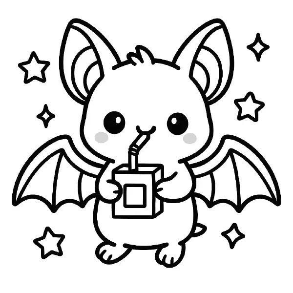 🦇 Vampire Bat Coloring Page — A super-cute, big‑eared bat with wide, smiling eyes sips a little juice box through a bendy straw, with twinkling stars around it, all drawn in bold black outlines and simple shapes. Features friendly spread wings and chubby cheeks, and the page is easy to print and colour—great for Halloween crafts or classroom animal fun! 🧃
