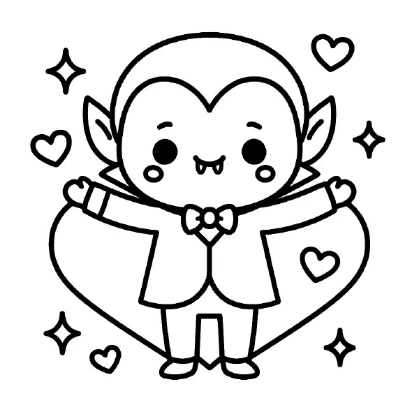 💖 Friendly Vampire Coloring Page — A sweet, kawaii vampire with big sparkling eyes, tiny fangs, and rosy cheeks spreads his arms to show a heart‑shaped cape! He wears a cute bow tie and is surrounded by little hearts and twinkles, all drawn with bold black outlines and simple shapes for easy coloring. Perfect for Halloween fun or lovable seasonal crafts, and easy to print and color at home. 🦇