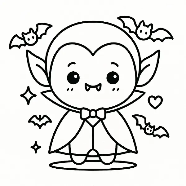 🦇 Cute Vampire Coloring Page — A kawaii little vampire with big sparkling eyes, a happy smile, and tiny fangs, wearing a neat bow tie and a swooshy cape, with friendly bats and twinkly stars around. Drawn with bold black outlines and simple shapes, this page is easy to print and color—perfect for Halloween crafts, party fun, or classroom activities. 🎃