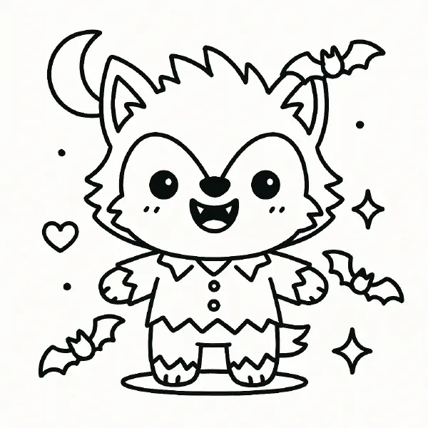 🦇 Little Werewolf Coloring Page — A cute, big‑eyed werewolf pup with a happy smile, tiny fangs, and fluffy fur stands under a crescent moon with friendly bats and sparkly stars, all drawn in bold black outlines and simple shapes for easy coloring. Featuring a ragged button‑up shirt and a tiny tail, this page is easy to print and perfect for Halloween crafts or classroom fun! 🌙