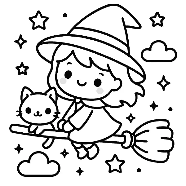 Tiny Witch & Cat Coloring Page — A sweet little witch with big, smiling eyes rides her broom with her cuddly kitty, floating among twinkling stars and puffy clouds. Drawn with bold black outlines and simple shapes, featuring her pointy hat, mini cape, and friendly faces—easy to print and color for Halloween crafts or classroom fun. ✨🐱