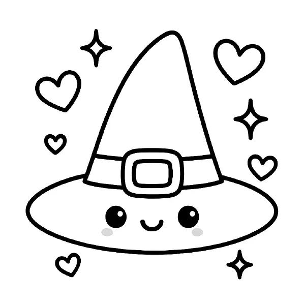 Witch Hat Coloring Page — a kawaii witch hat with a sweet smiling face and big shiny eyes, surrounded by hearts and sparkles. Drawn with bold black outlines and simple shapes, plus a cute belt buckle for extra charm. Easy to print and color—perfect for Halloween crafts, classroom activities, or magical playtime. ✨🎃