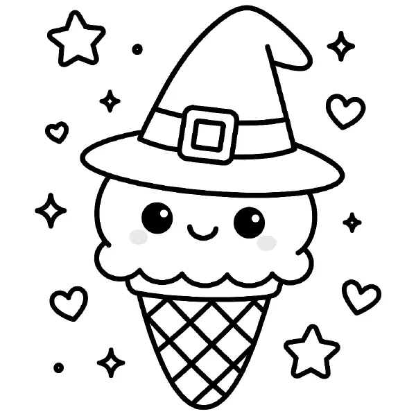 🍦 Witch Hat Ice Cream Coloring Page — A sweet, smiling scoop with big kawaii eyes wears a pointy witch hat with a shiny buckle atop a crisscross waffle cone, surrounded by twinkling stars and hearts. Drawn with bold black outlines and simple shapes, it’s easy to print and color—perfect for Halloween crafts, party favors, or classroom fun! ✨