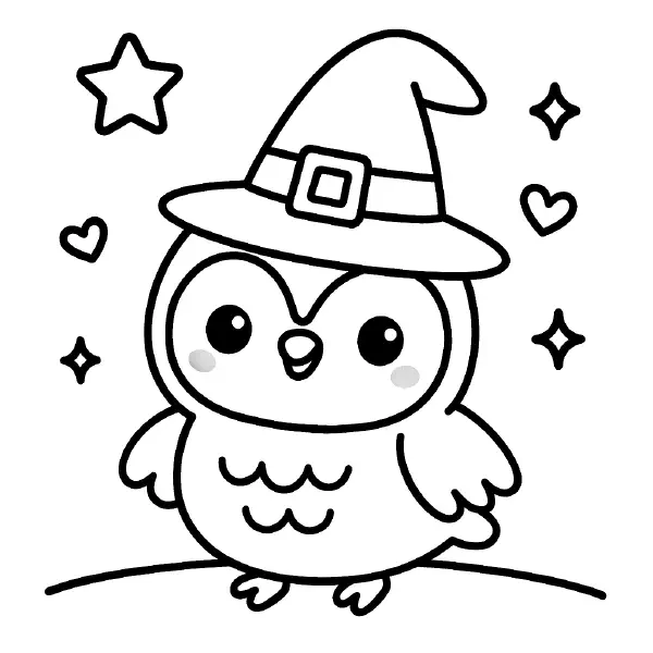 🦉 Witch Hat Owl Coloring Page — A cute, chubby owl with big, sparkling eyes and a friendly smile wears a pointy witch hat with a shiny buckle, surrounded by tiny stars and hearts. Drawn with bold black outlines and simple shapes, this page is easy to print and color—perfect for Halloween crafts, classroom fun, or cozy autumn afternoons! 🎃