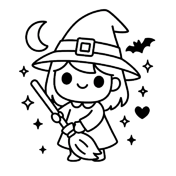 🌙 Little Witch Coloring Page — A super-cute witch with big, happy eyes and a sweet smile holds her broom under a crescent moon, with a tiny bat and sparkly stars floating around. She wears a pointy hat with a buckle and a cozy dress, all drawn with bold black outlines and simple shapes for easy coloring. Perfect for Halloween crafts, party favors, or classroom fun, and easy to print and color at home! ✨