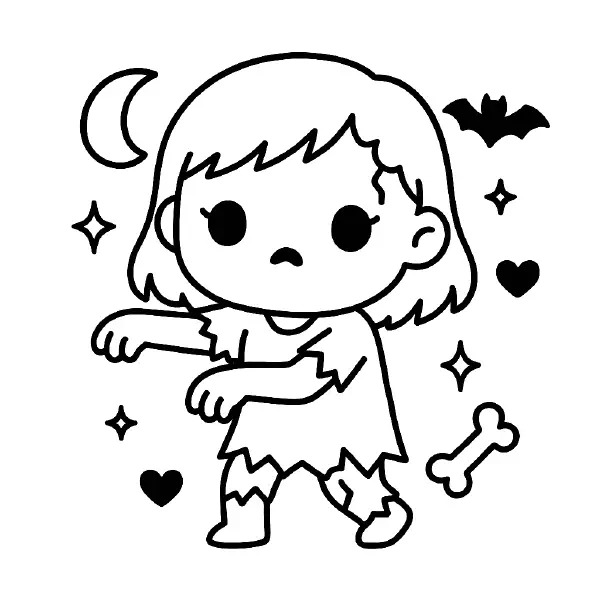 🦇 Cute Little Zombie Coloring Page — A kawaii zombie kid with big, friendly eyes and a gentle spooky pose, wearing a raggy outfit under a crescent moon with a little bat, sparkles, hearts, and a funny bone. Drawn with bold black outlines and simple shapes, this page is easy to print and color—perfect for Halloween crafts, party favors, or classroom fun! 🎃
