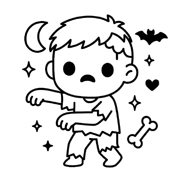 🧟 Cute Zombie Coloring Page — A friendly little zombie with big round eyes shuffles along in ripped clothes under a crescent moon, with a tiny bat, sparkles, and a cartoon bone nearby. Drawn with bold black outlines and simple shapes for easy coloring, this kawaii scene features a gentle expression and fun details like ragged sleeves and pants. Perfect for Halloween crafts, party favors, or classroom fun, and easy to print and color at home. 🎃