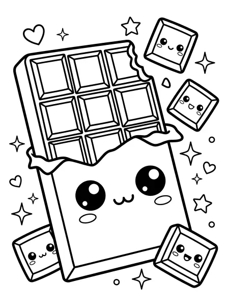 🍫 Chocolate Bar Coloring Page - This adorable chocolate bar has big, kawaii eyes and a friendly smile, surrounded by cute little chocolate squares! It's drawn with bold black outlines and simple shapes, making it super easy to print and colour for a sweet, delicious activity! Have fun making each square a different flavour! 🍬