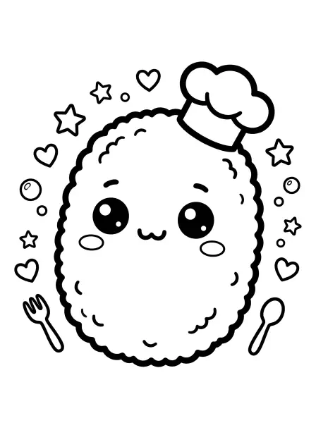 🍚 Croquette Coloring Page — Meet the cutest little chef, ready to cook up some fun! This sweet croquette has big, sparkling eyes, a happy little smile, and a teeny-tiny chef hat just waiting to be coloured in. With bold black outlines and simple shapes, it's perfect for little hands to decorate. Easy to print and enjoy for a delicious coloring activity! 🥄