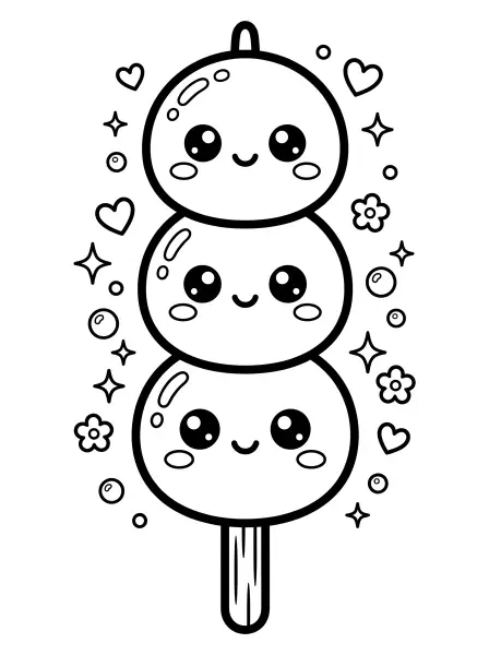 🍡 Dango Coloring Page - Get ready for a sweet treat with this kawaii dango trio! Each little rice cake has big, adorable eyes and a cheerful smile, all drawn with bold outlines and simple shapes that are super easy to colour. Perfect for a fun, tasty activity, and easy to print for hours of creative fun! 🌸