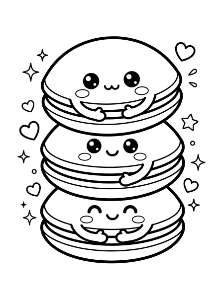 🥞 Dorayaki Stack Coloring Page—A tower of the cutest dorayaki pancakes, each with sweet kawaii faces, big eyes and little arms giving each other a big hug! Drawn with bold black outlines and simple shapes, this page is super easy to print and colour for yummy fun. Use your favourite colours to make these pancakes extra special! ✨