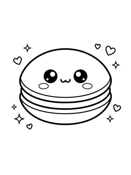 🍰 Dorayaki Coloring Page - Have a sweet day coloring this kawaii dorayaki! Drawn with bold black lines and simple shapes, this pancake sandwich has a friendly expression and tiny hearts and stars floating around it, making it super fun to print and colour. 💖