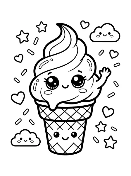 🍦 Ice Cream Coloring Page - This sweet treat is ready for a splash of color! With its big, kawaii eyes, happy smile and friendly wave, this ice cream cone is drawn with bold, easy-to-color outlines, perfect for little artists. The page features cute sprinkles, stars, hearts and clouds, and it's super easy to print for summertime fun or a classroom activity. 💖