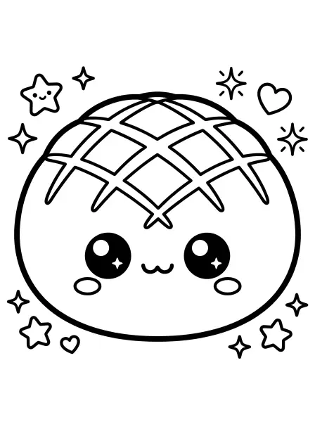 ✨ Melon Pan Coloring Page — This super-sweet bread bun is ready for a splash of color! 🌈 With its cute crisscross pattern, sparkly eyes, and friendly smile, this kawaii illustration is drawn with bold black outlines and simple shapes that make it easy to print and color. It is perfect for yummy-themed crafts and creative afternoons! 😋