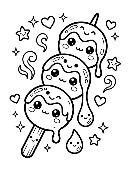 🍡 Mitarashi Dango Coloring Page— Look at these super cute Japanese sweet dumplings, covered in a happy, drippy sauce and ready for you to color! This kawaii illustration has bold black outlines, simple shapes, and the sweetest little faces. Easy to print and perfect for a fun, tasty coloring activity! 🍡