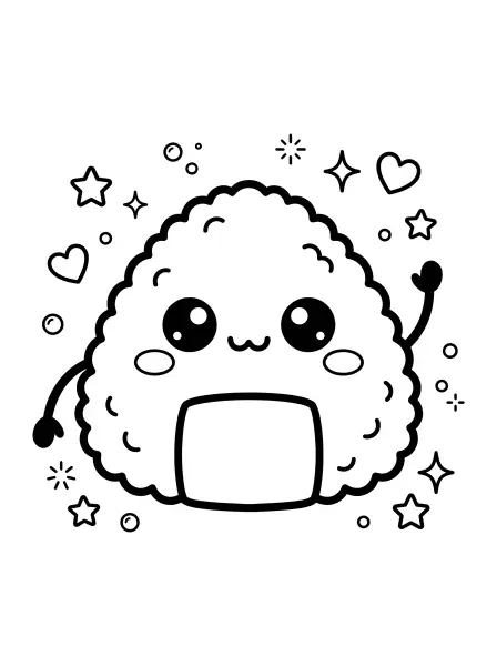 🍙 Onigiri Coloring Page—Say hello to this happy little rice ball snack, ready for a splash of color! With its big, adorable eyes, cheerful smile, and cute seaweed arms, this kawaii onigiri is drawn with bold black outlines and simple shapes, making it super easy to print and color for lunchtime fun or kitchen-themed crafts 🍙