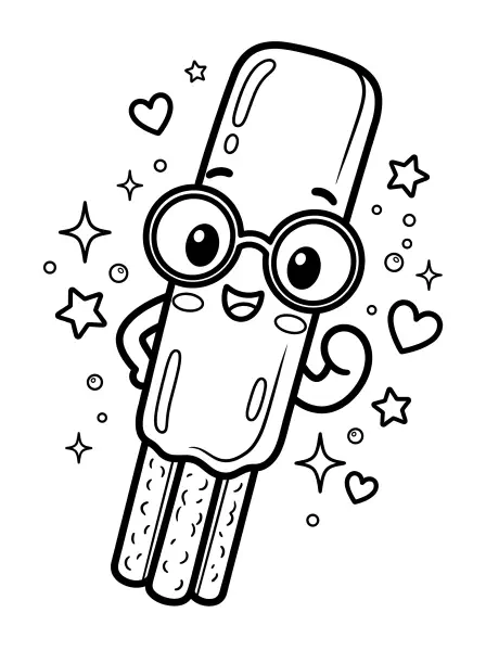 🍭 Pocky Stick Coloring Page - Meet this cheerful pocky stick character, drawn in simple shapes and bold black outlines, looking super cute with its big, round glasses and happy smile! Easy to print and color, this page is perfect for sweet-themed crafts or a fun afternoon activity 😋.