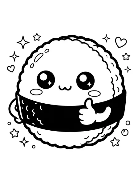 🍙 Rice Cracker Coloring Page—Say "Oishii!" to this adorable rice cracker, all wrapped up in a cozy nori blanket, and giving a super cute thumbs-up! With its big kawaii eyes, sweet little smile, and simple shapes outlined in bold black, this page is easy to print and colour for a yummy bit of fun! 🤩