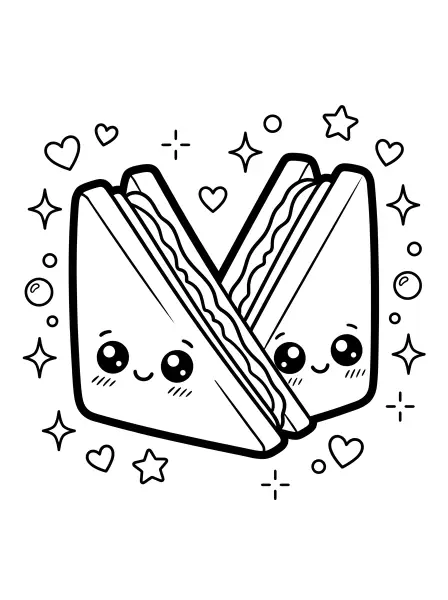🥪 Sandwich Coloring Page - These two super-cute triangle sandwiches are stacked up with yummy fillings and big kawaii eyes! The illustration is drawn with bold black outlines and simple shapes, with hearts and stars decorating the space around them, making it easy to print and color for a fun, creative activity! ✨