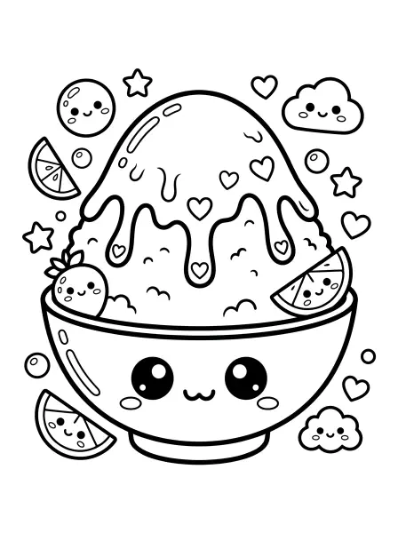 🍧 Kakigori Coloring Page - This sweet shaved ice treat is served in a kawaii bowl with big, happy eyes and a cheerful little mouth! It’s topped with tasty heart-shaped syrup drips, cute fruits and smiling clouds, all drawn with bold black outlines and simple shapes for easy printing and coloring—perfect for a summer-themed activity! ☀️