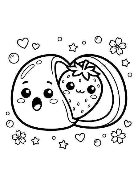🍓 Strawberry Daifuku Coloring Page—How sweet! This page features a yummy strawberry daifuku with a surprised little berry inside, all drawn in a super-cute kawaii style with bold outlines and big, friendly eyes. It's a delightful and easy-to-print activity for dessert lovers and creative kids alike! 🌸