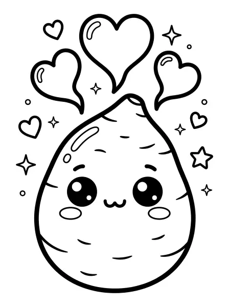 🍠 Sweet Potato Coloring Page - This sweet potato snack is just beaming with love and ready for some color! Featuring big kawaii eyes, a cute mouth, and hearts swirling up like steam, this adorable veggie is drawn with bold outlines and simple shapes for easy printing and fun coloring. Perfect for a healthy eating lesson, or a simple crafty activity. 🥔