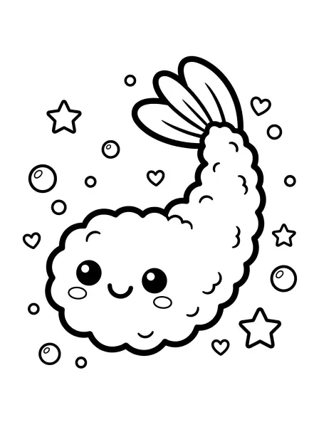 🍤 Tempura Shrimp Coloring Page - This tempura shrimp is ready for some delicious coloring fun! With its big, happy eyes, curly tail and cute smile, it’s sure to brighten your day; The simple shapes and bold outlines make it easy to print and color, so get creative and make this tasty treat your own. 🍣