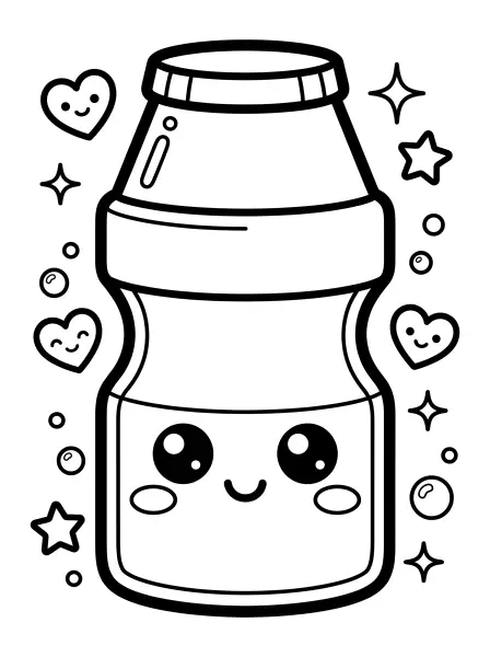 🥛 Yakult Coloring Page - Check out this adorable Yakult bottle, drawn in a super cute kawaii style! With big, sparkly eyes and a sweet smile, it’s surrounded by hearts and stars all outlined in bold black lines, making it easy to colour. A fun and refreshing page to print for any occasion! ⭐️