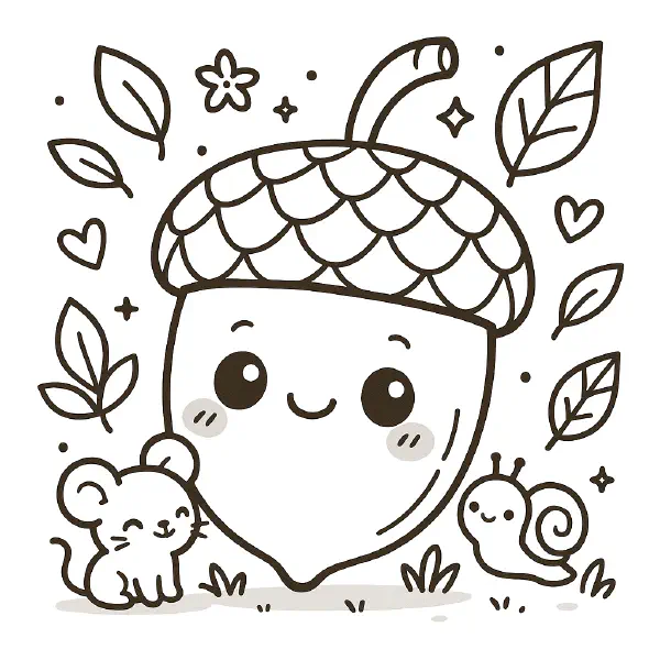 π° Acorn Coloring Page β A cute little acorn with a happy face and textured cap, outlined in bold lines. Great for autumn crafts or forest fun. π¨ποΈπΏοΈ