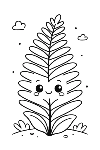 πΏ Fern Coloring Page β A soft, leafy fern in kawaii style, waving gently with a friendly face. Easy to color and perfect for nature lovers. π¨ποΈπ