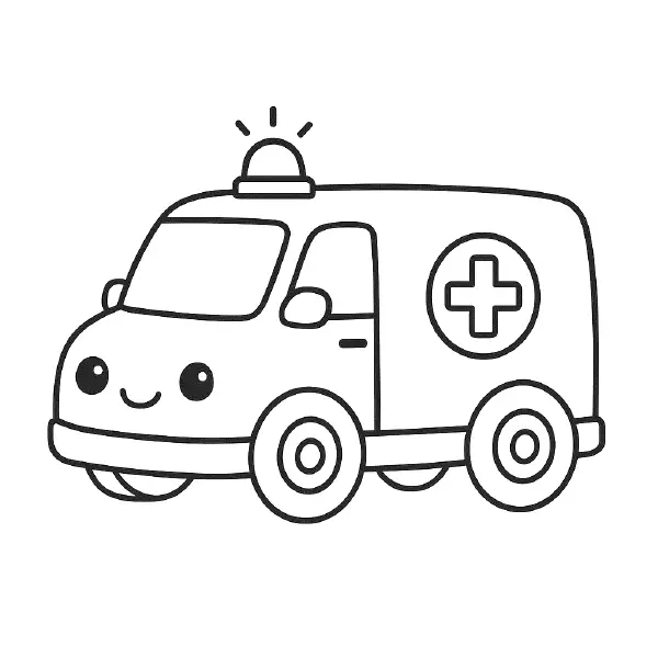 🚑 Ambulance Coloring Page – A smiling kawaii-style ambulance, outlined in bold black lines with no gray areas. Great for kids to print and color while exploring community helper themes. 🎨🖍️🚑