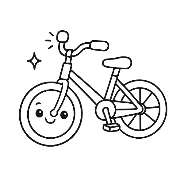 🚲 Bicycle Coloring Page – A cheerful kawaii-style bike with smiling wheels and easy shapes. Great for teaching about movement, balance, and outdoor fun. 🎨🖍️🚴