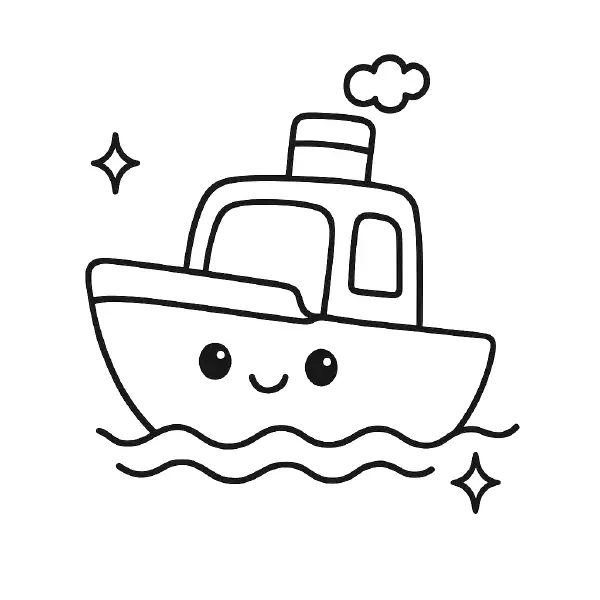 🚤 Boat Coloring Page – A happy little boat with a cute face and simple shapes, floating in a kawaii world. Fun and easy to color for kids. 🎨🖍️🌊
