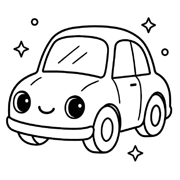 🚗 Car Coloring Page – A classic cartoon-style car with a happy expression, drawn in bold black-and-white lines. Simple and fun to color, perfect for young vehicle fans. 🎨🖍️😊
