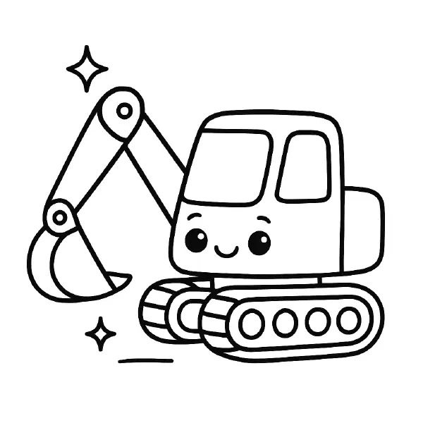 🚜 Excavator Coloring Page – A cute kawaii-style digger with a big scoop and bright personality. Simple lines and shapes make it perfect for coloring fun. 🎨🖍️👷♀️