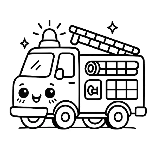 🚒 Fire Truck Coloring Page – A bold and cheerful kawaii-style fire truck, drawn with thick black outlines and no shading. Perfect for kids to print and color while learning about emergency vehicles. 🎨🖍️🚨