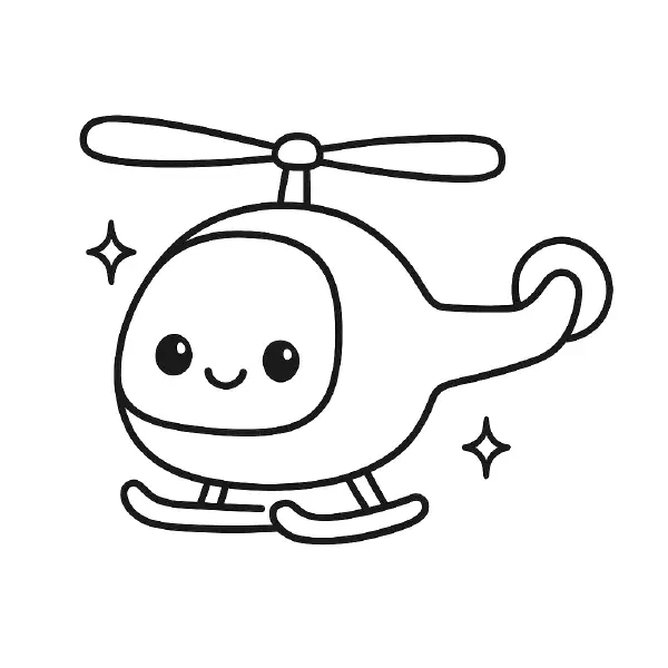 🚁 Helicopter Coloring Page – A cute helicopter with spinning blades and a big grin, designed in kawaii style with thick lines for easy coloring. 🎨🖍️🚁
